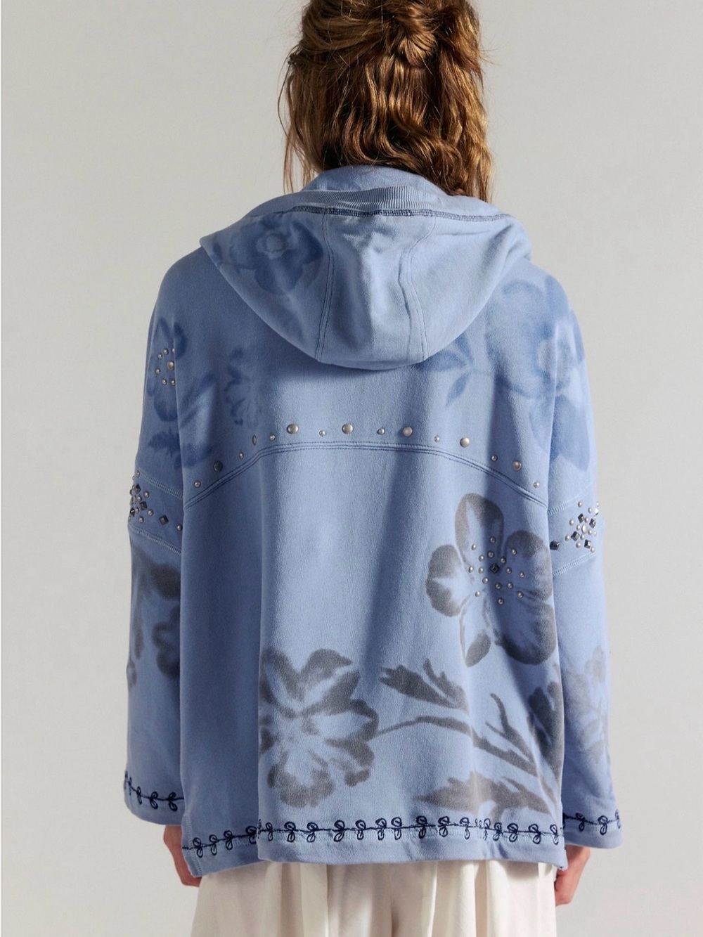 Free People Silver Half Zip Hoodie We The Free Studded Embroidered Indigo - Picture 3 of 5